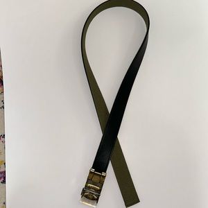 Men’s Anson reversible belt, green canvas , and black leather 41” belt/buckle